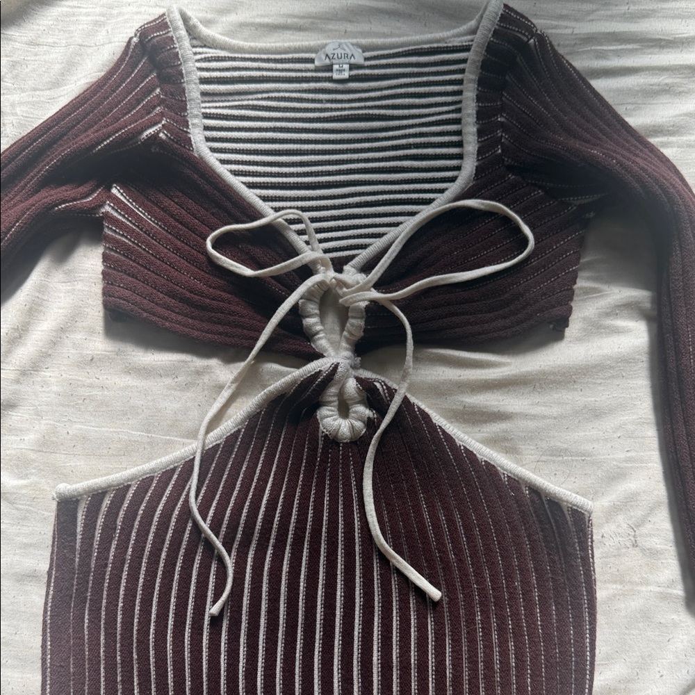Striped Brown and White Side Slit Knit Dress